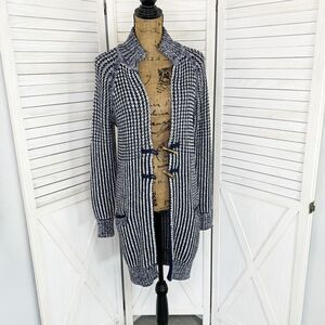 Gap Ribbed Toggle Front Long Cardigan Sweater Blue White XS Fisherman Nautical